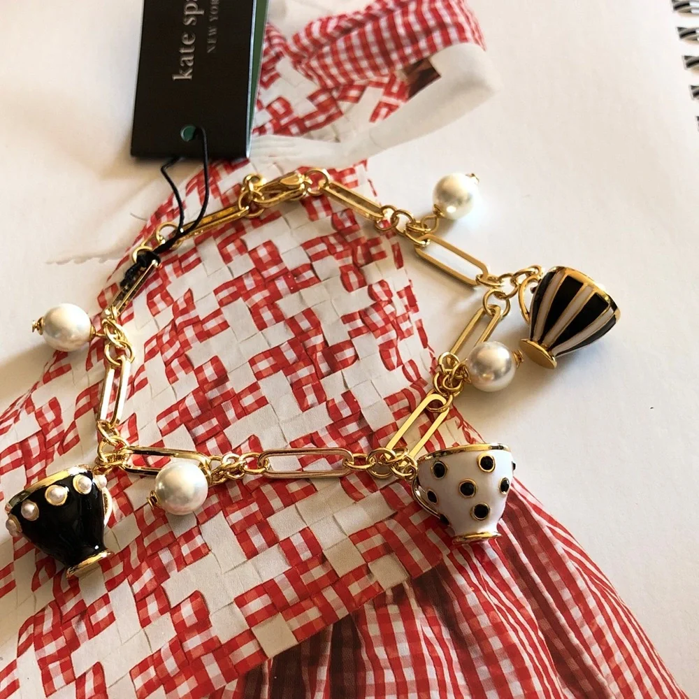 kate spade Gold-Tone Bracelet with Black Enamel Charm and Pearl Drops - Picture 3 of 10